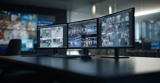 Corporate security command center with unified surveillance screens