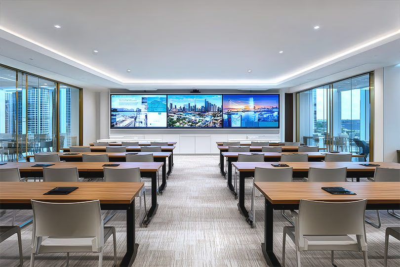 Corporate training room with interactive displays, integrated Crestron unified communications, Palm Beach