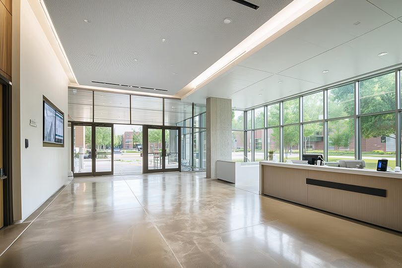 Modern campus entry with subtle access control and integrated security