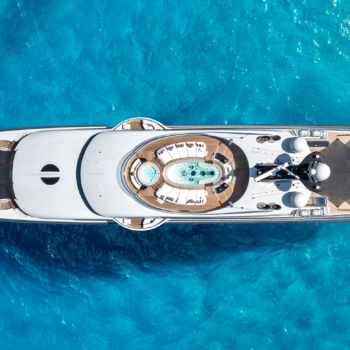 Luxury yacht interior salon with integrated lighting and entertainment systems in Miami marina