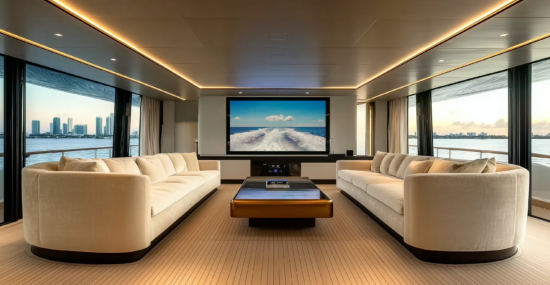 Luxury yacht salon with integrated yacht AV systems in Miami
