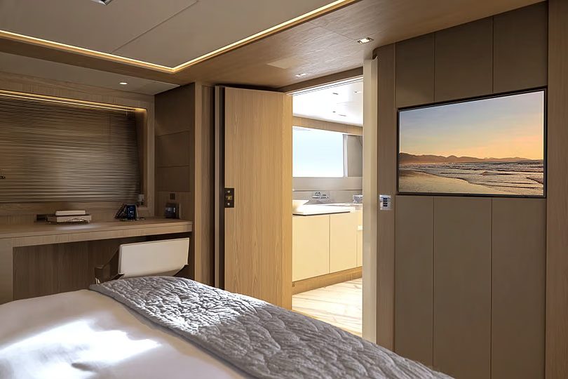 Yacht salon audiovisual system with integrated speakers and display