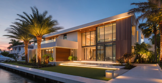 Luxury waterfront residence in South Florida with integrated security lighting and discreet surveillance camera